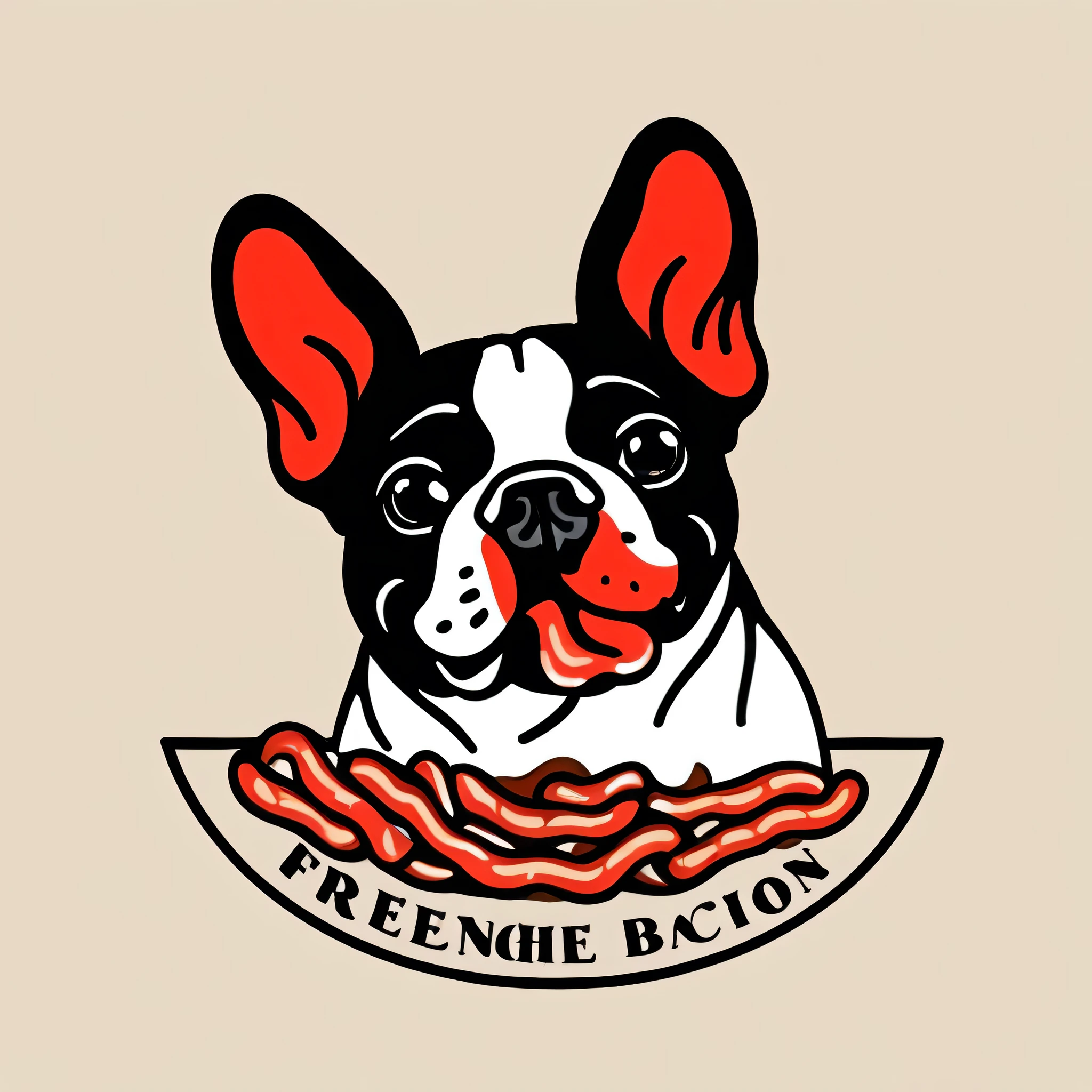 a stylish logo of an apparel brand
White background
All other patterns are black
A logo of a French bulldog happily licking bacon
A two-tone white and black design.
However, French bulldogs are licking only bacon with a red design logo
a bare-faced French bulldog
Pretty cool
chic and modern design
Stylish design
White background