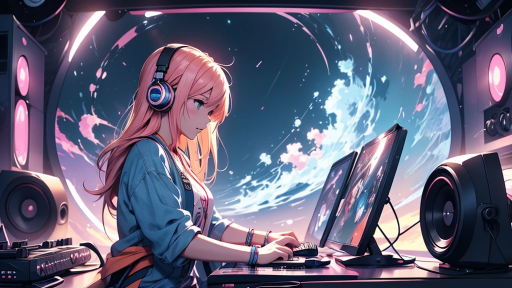 Woman wearing headphones, Anime Style 4 k, anime wallpaper 4k, anime wallpaper 4k, 4k anime wallpaper, anime art wallpaper 4k, anime art wallpaper 4k, Anime Style. 8k, Anime atmosphere, , Ultra HD Anime Wallpaper, Anime Art Wallpaper 8K, Anime Background,landscape、record、DJing、Turntable、macbook
