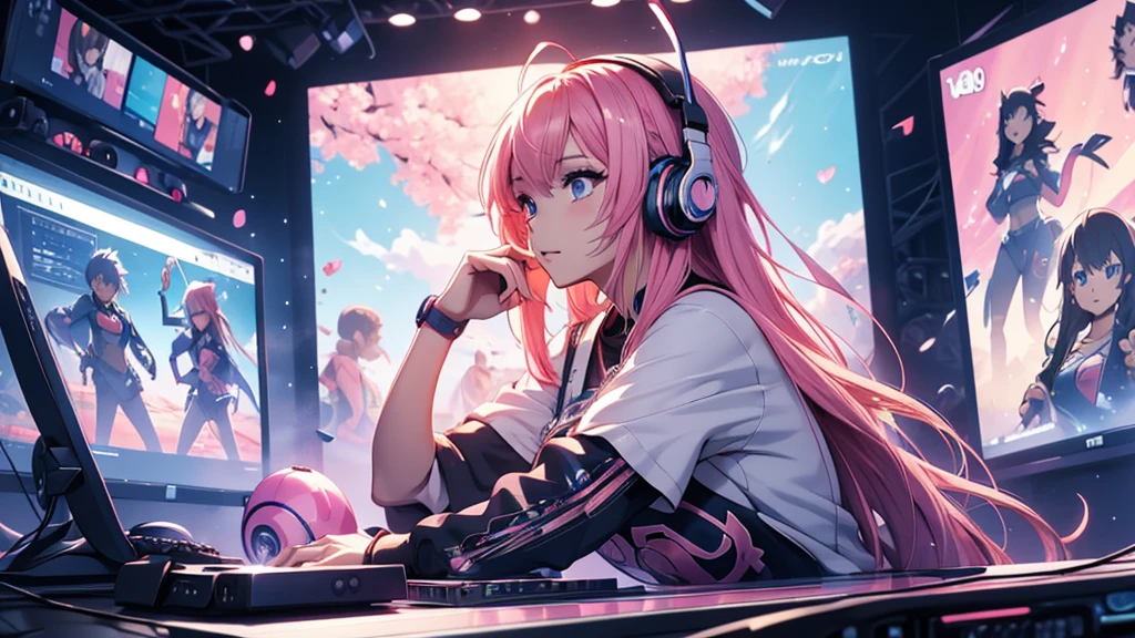 Woman wearing headphones, Anime Style 4 k, anime wallpaper 4k, anime wallpaper 4k, 4k anime wallpaper, anime art wallpaper 4k, anime art wallpaper 4k, Anime Style. 8k, Anime atmosphere, , Ultra HD Anime Wallpaper, Anime Art Wallpaper 8K, Anime Background,landscape、record、DJing、Turntable、macbook
