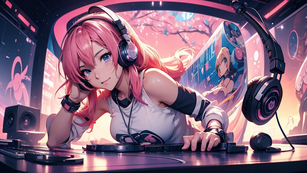 Woman wearing headphones, Anime Style 4 k, anime wallpaper 4k, anime wallpaper 4k, 4k anime wallpaper, anime art wallpaper 4k, anime art wallpaper 4k, Anime Style. 8k, Anime atmosphere, , Ultra HD Anime Wallpaper, Anime Art Wallpaper 8K, Anime Background,landscape、record、DJing、Turntable、macbook
