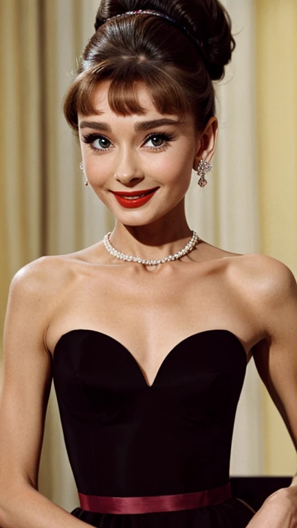 Audrey Hepburn dressed in sexy evening wear with lipstick and smiling