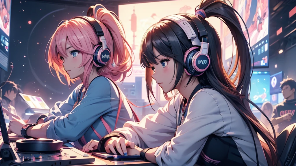 Woman wearing headphones, Anime Style 4 k, anime wallpaper 4k, anime wallpaper 4k, 4k anime wallpaper, anime art wallpaper 4k, anime art wallpaper 4k, Anime Style. 8k, Anime atmosphere, , Ultra HD Anime Wallpaper, Anime Art Wallpaper 8K, Anime Background,landscape、record、DJing、Turntable、macbook