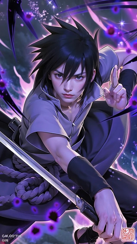 Realistic and detailed Rinnegan on right eye and sharingan on lesft eye, The illustration features a character resembling Sasuke Uchiha with spiky black hair and intense red eyes. He is dressed in a light grey shirt with a high collar, dark pants, and a distinctive purple rope belt tied around his waist. In his right hand, he holds a sword with a gleaming blade, while his left hand forms a precise hand sign. The background is dark, filled with swirling purple and black energy, creating an ominous and powerful atmosphere. Glowing purple orbs and sparkles float around the character, adding a mystical touch. His expression is serious and focused, capturing his determined demeanor. In the bottom right corner, a red and white logo with Japanese characters adds a finishing touch to the scene, emphasizing its authenticity.