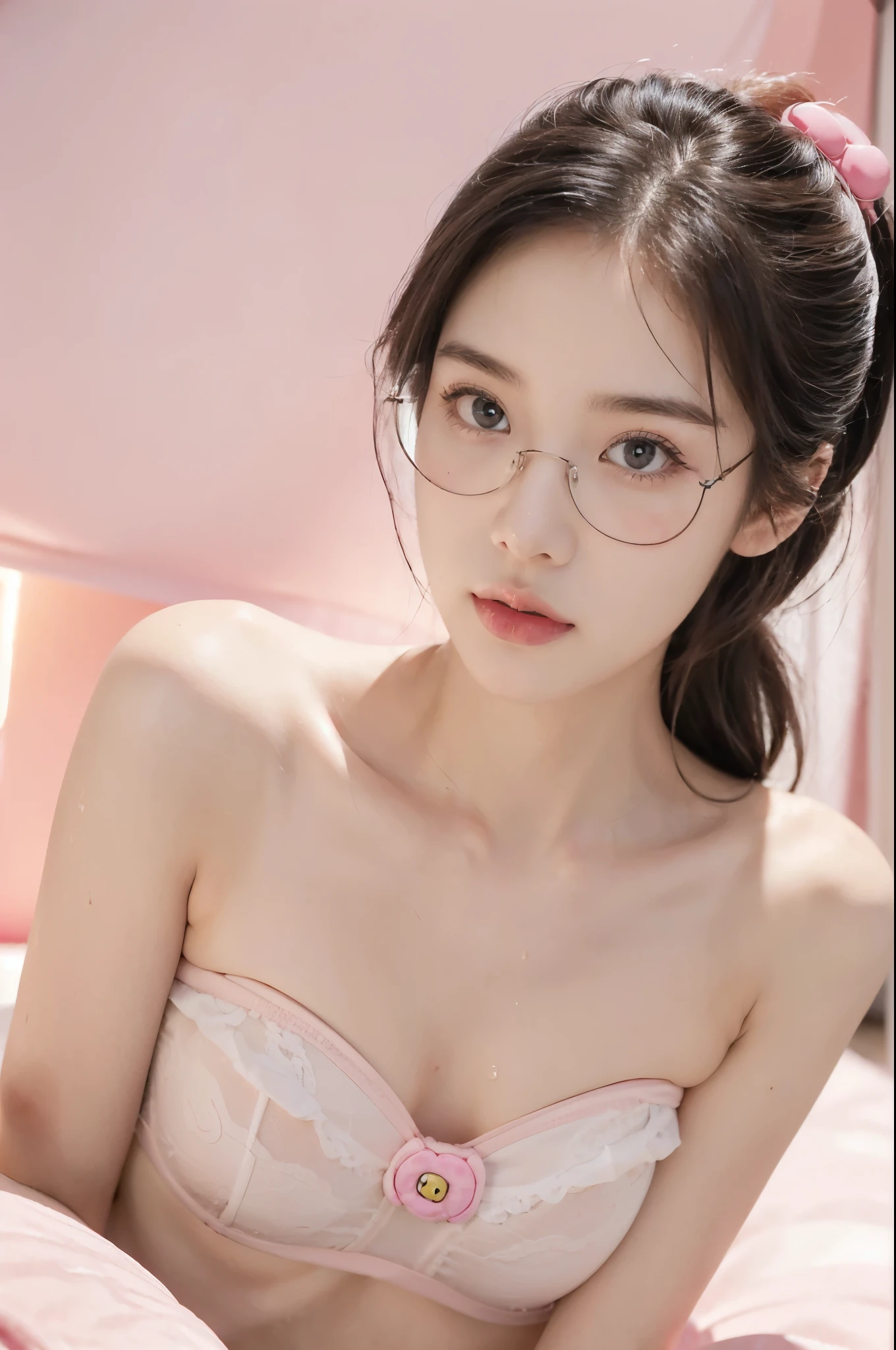 (((best quality))),(((ultra detailed))),(((masterpiece))),illustration,((1 beautiful girl,solo)),(short ponytail:1.2),((slim,thin)),((small breasts,flat chest)),(bright curious eyes:1.2), (glasses:1.3),(strapless pink bra with white Hello Kitty logo:1.3),((sweat,wet)),(Hello Kitty-themed bedroom:1.3),(beside the cluttered desk:1.3),((assignments,books, papers, computer)), ((pink walls, Hello Kitty posters, pink bedding)), open window, gentle breeze, streetlights, youthful innocence, determination,summer, hard work, passion, youthful energy,((from front,close-up of face)),(night scene:1.3)