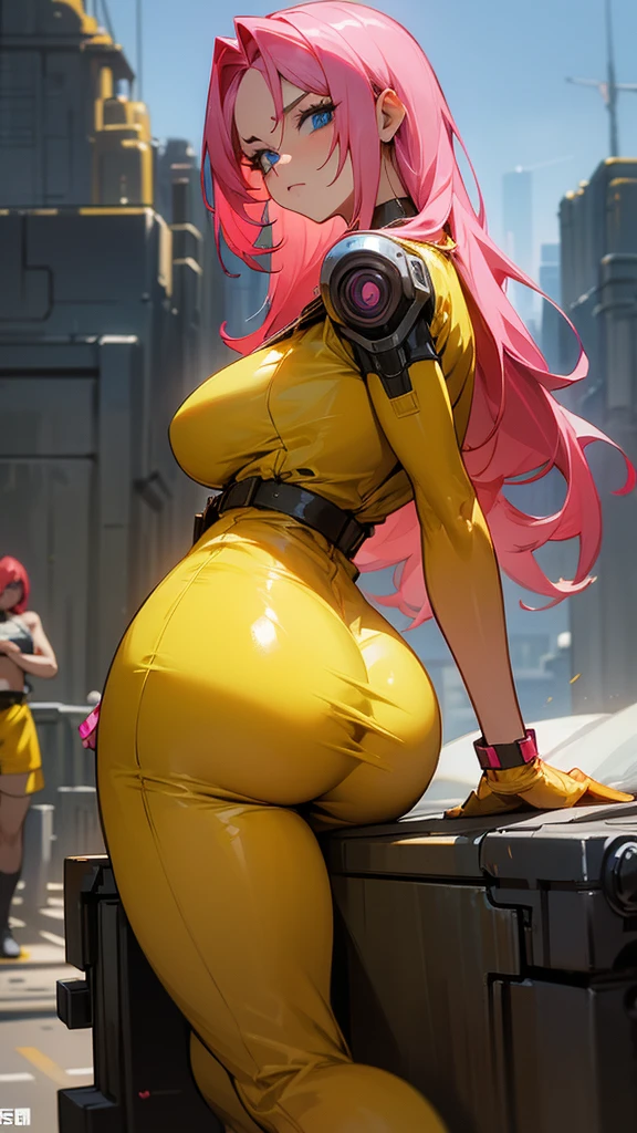 Mature woman with serious look, Facial Focus, big pink hair, shining blue eyes, wearing a mustard yellow jumpsuit with big capuz,  breasts big, looking 35 years old, eye on the spectator, look to the camera, , the background is a cyberpunk battlefield, Free hands, thick-thighs, ((look ahead)), Masterpiece artwork, Cyberpunk war scenario, shooting machines, capuz amarelo, seios pontudos, seios fake grandes
