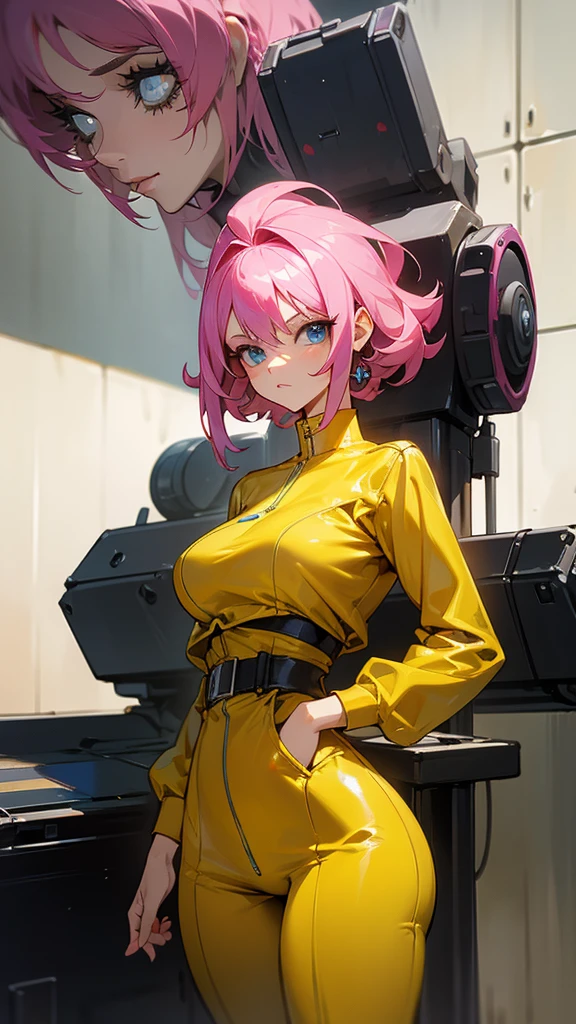 Mature woman with serious look, Facial Focus, big pink hair, shining blue eyes, wearing a mustard yellow jumpsuit with big capuz,  breasts big, looking 35 years old, eye on the spectator, look to the camera, , the background is a cyberpunk battlefield, Free hands, thick-thighs, ((look ahead)), Masterpiece artwork, Cyberpunk war scenario, shooting machines, capuz amarelo, seios pontudos, seios fake grandes

