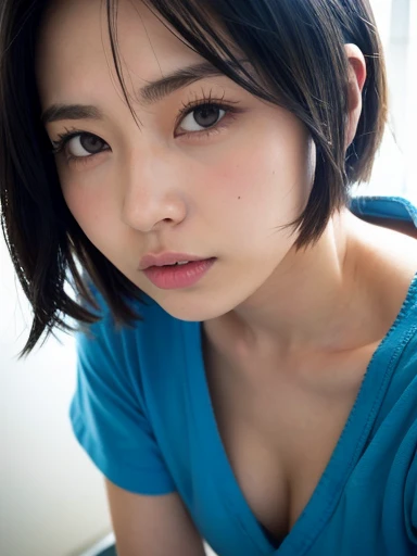 White wall、Close-up of an 18-year-old woman in a blue T-shirt, Roll up your hoodie、Medium Short Hair、Yoshitomo Nara, shikamimi, Chiho, mayuri shiina, A real young gravure idol, beast, , Kotegawa Yui, 8k、narumi kakinouchi