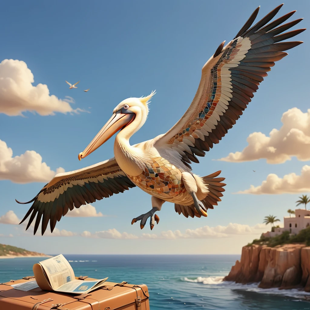 Made with Moroccan mosaic print, Concept Art, Pelican flying in the natural sky, The pelican is carrying the postman&#39;s bag in its beak、Super detailed, sunrise, Ultrafine, Embarrassing, Aetherpunk, Side light, 50mm, colorful, zlj-xl