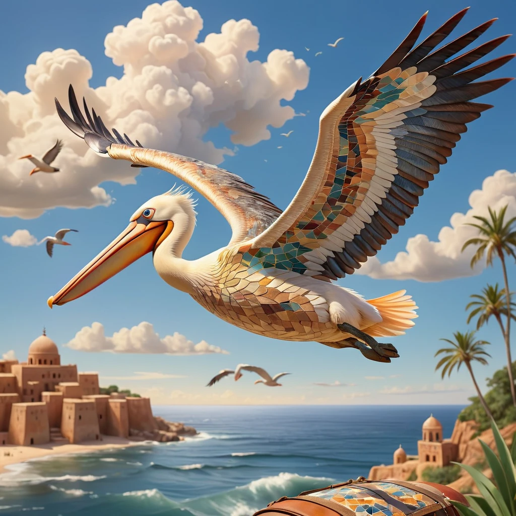 Made with Moroccan mosaic print, Concept Art, Pelican flying in the natural sky, The pelican is carrying the postman&#39;s bag in its beak、Super detailed, sunrise, Ultrafine, Embarrassing, Aetherpunk, Side light, 50mm, colorful, zlj-xl