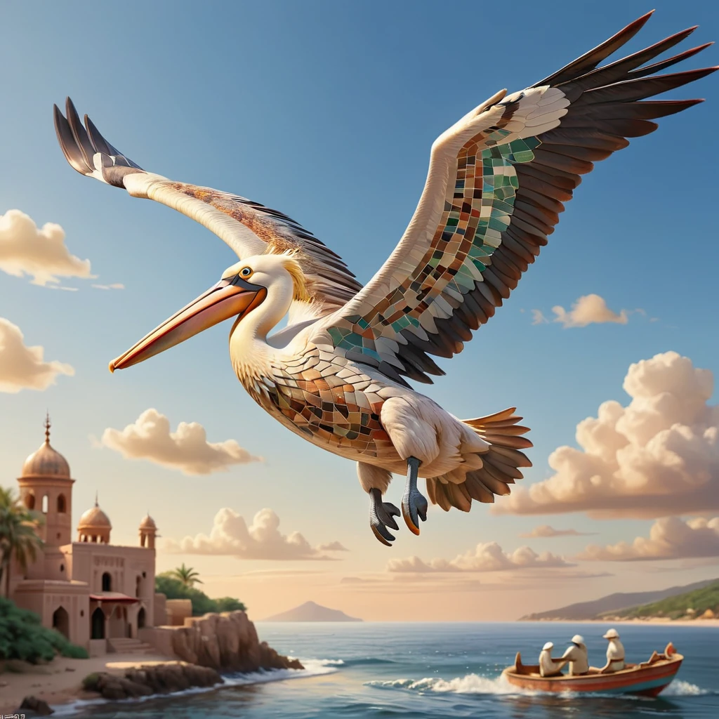 Made with Moroccan mosaic print, Concept Art, Pelican flying in the natural sky, The pelican is carrying the postman&#39;s bag in its beak、Super detailed, sunrise, Ultrafine, Embarrassing, Aetherpunk, Side light, 50mm, colorful, zlj-xl