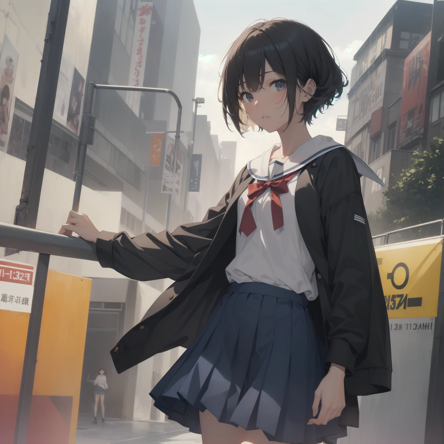 ultra-absurdres-Top quality by artist God, ultra-detailed, high resolution, anime moe artstyle, best anime 8k konachan wallpaper, pixiv contest winner, pool:2810, perfect anatomy,break, 1girl, (Please draw a girl walking sleepily to school alone. )break,(Solo,little female, 13-year-old:1.3),Full limbs, complete fingers,a junior high school student, (very short hair), short cut, flat chest, , small butt, small black eyes, beautiful detailed eyes, well-proportioned iris and pupils, expressive eyes, highres detailed hair, soft expression, salor school_uniform, sailor collar, serahuku, bow, pleated skirt,(Detailed Lighting), (Detailed background), in the School commute route. break,super detailed skin, Best cinematic lighting powered by famous artist, 8k,beauty illustration,photoshop_(medium),very aesthetic,break,((artist:zen_(kamuro) )), artist:clamp ,artist:carnelian ,artist:kantoku ,