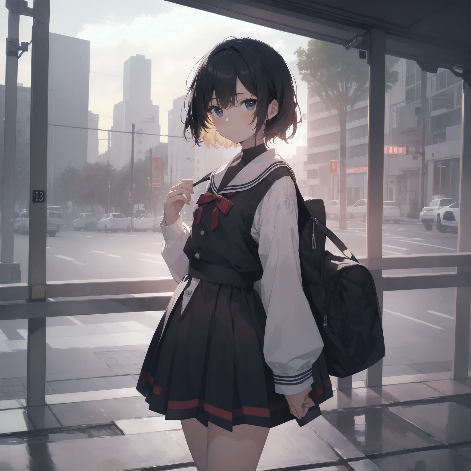 ultra-absurdres-Top quality by artist God, ultra-detailed, high resolution, anime moe artstyle, best anime 8k konachan wallpaper, pixiv contest winner, pool:2810, perfect anatomy,break, 1girl, (Please draw a girl walking sleepily to school alone. )break,(Solo,little female, 13-year-old:1.3),Full limbs, complete fingers,a junior high school student, (very short hair), short cut, flat chest, , small butt, small black eyes, beautiful detailed eyes, well-proportioned iris and pupils, expressive eyes, highres detailed hair, soft expression, salor school_uniform, sailor collar, serahuku, bow, pleated skirt,(Detailed Lighting), (Detailed background), in the School commute route. break,super detailed skin, Best cinematic lighting powered by famous artist, 8k,beauty illustration,photoshop_(medium),very aesthetic,break,((artist:zen_(kamuro) )), artist:clamp ,artist:carnelian ,artist:kantoku ,