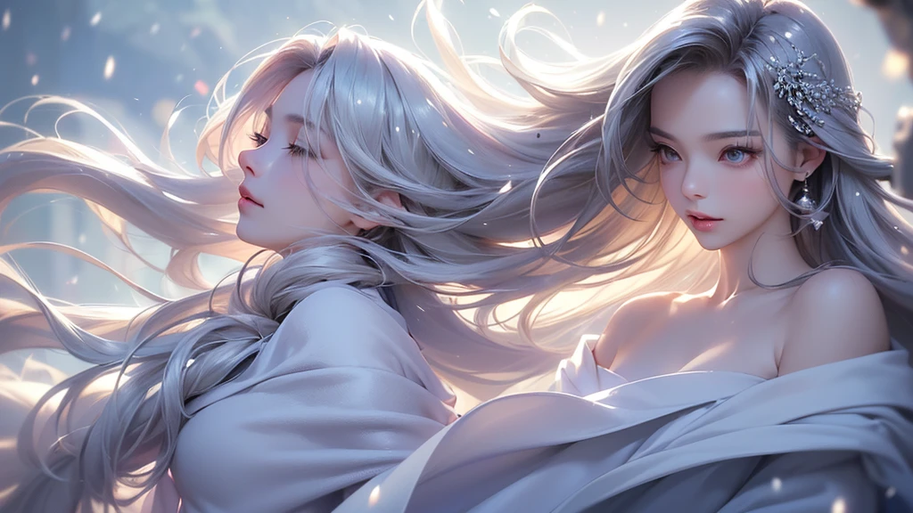 ((masterpiece:1.5、8k、Portraiture、フォトリアリスティックでVery detailedなCG、Very detailed、Particle Effects、Dynamic Effects、Shallow depth of field、Cinematic Light、Lens flare、Ray Tracing、Tabletop、Realistic:1.4、Ultra-high resolution:1.2、Realistic、Realistic))((alone、1 girl,A woman wearing a cashmere coat over an off-the-shoulder dress:1.4、Elegant woman posing、Look Up、Detailed face、bright表情、young, bright, Whiter skin、small breasts、Best Looks、Ultimate beauty、Shiny silver hair with highlights、bright and shiny hair,、Super long, Silky straight hair、Hair dancing in the wind))(morning、The setting is outdoors in the snow、Surrounded by illuminations)Wear warm clothes