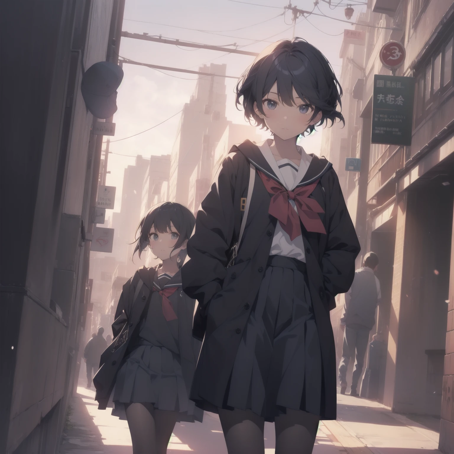ultra-absurdres-Top quality by artist God, ultra-detailed, high resolution, anime moe artstyle, best anime 8k konachan wallpaper, pixiv contest winner, pool:2810, perfect anatomy,break, 1girl, (Please draw a girl walking sleepily to school alone. )break,(Solo,little female, 13-year-old:1.3),Full limbs, complete fingers,a junior high school student, (very short hair), short cut, flat chest, , small butt, small black eyes, beautiful detailed eyes, well-proportioned iris and pupils, expressive eyes, highres detailed hair, soft expression, salor school_uniform, sailor collar, serahuku, bow, pleated skirt,(Detailed Lighting), (Detailed background), in the School commute route. break,super detailed skin, Best cinematic lighting powered by famous artist, 8k,beauty illustration,photoshop_(medium),very aesthetic,break,((artist:zen_(kamuro) )), artist:clamp ,artist:carnelian ,artist:kantoku ,
