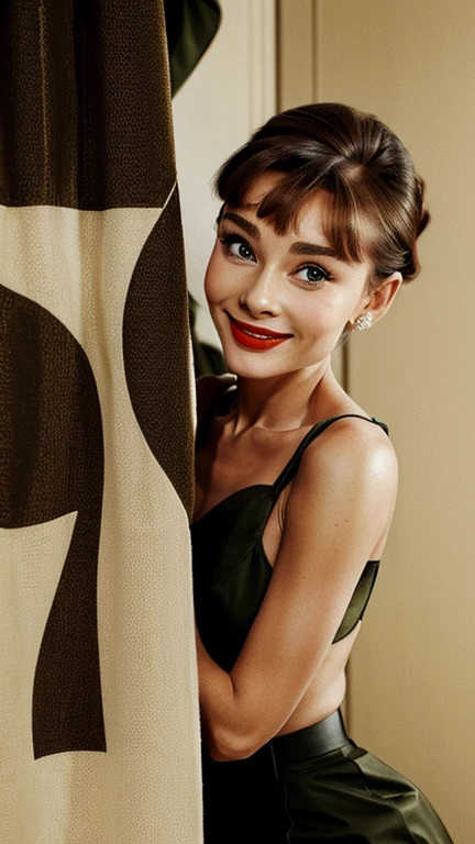 Audrey Hepburn dressed in sexy military clothes with lipstick and smiling