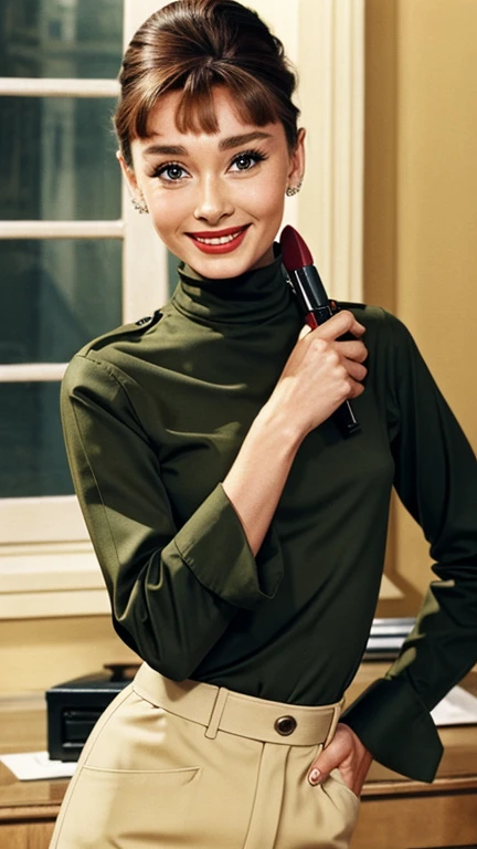 Audrey Hepburn dressed in sexy military clothes with lipstick and smiling