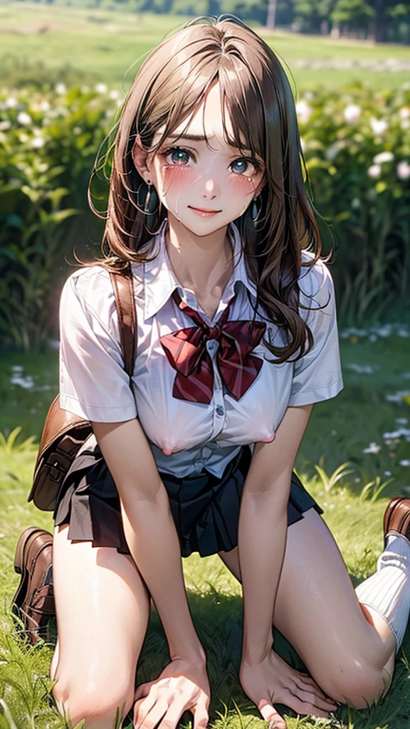 (masterpiece:1.2, top-quality), (realistic, photorealistic:1.4), beautiful illustration, (natural side lighting, movie lighting),
looking at viewer, cowboy shot, front view:0.6, 1 girl, japanese, high school girl, perfect face, cute and symmetrical face, shiny skin,
(long hair:1.8, straight hair:1.7, light brown hair), parted bangs, emerald green eyes, long eye lasher, (large breasts:0.9, thick thighs),
beautiful hair, beautiful face, beautiful detailed eyes, beautiful clavicle, beautiful body, beautiful chest, beautiful thigh, beautiful legs, beautiful fingers,
((, white collared shirts, black pleated mini skirt, black socks, brown loafers, red bow tie)), break, hoop ring earrings, pink panties, dark blue school bag, violet cardigan, break,
(beautiful scenery), evening, riverside, walking, hands on chest, (lovely smile, (A woman is on all fours in the grass in a meadow. A woman is carrying a large dog on her back.)Full body. Full hands and legs.
Her face is red, flushed, and crying.
Her nipples are standing even on her shirt. (The skirt is shorter than normal, but even shorter, so short that you can almost see her panties.)The girl has brown hair.
(The skirt is extremely short.) The girl's hair is brown.