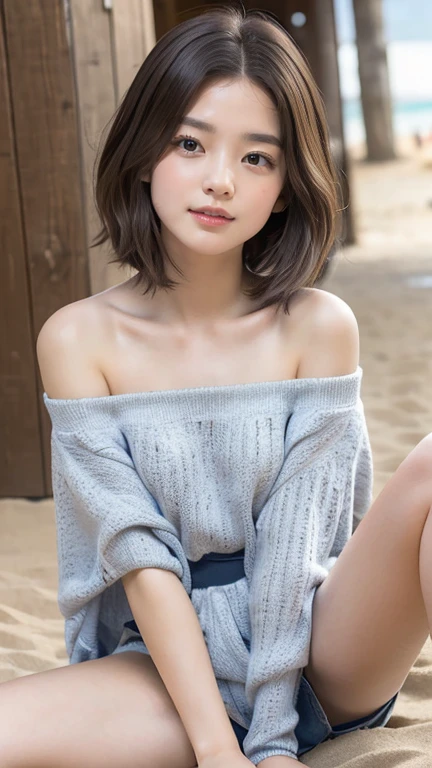 (Practical, photo-Practical:1.37), (masterpiece), (best quality:1.4), (Ultra-high resolution:1.2),(RAW photos:1.2), ,(目のPracticalサイズ, Drooping eyes, Sleepy face, From the angle from below, Practical skin, Ecstasy face), , Strong wind, Beautiful brown hair, ((Open your legs, show your pussy,Shaved pubic area)), (Girls' High School ,Short Mini Skirt,Off-shoulder), external, coastal, (((Focus on, exist))), ((Dark hour at dawn)), Ocean blue and white sand beach, (Small), stream,