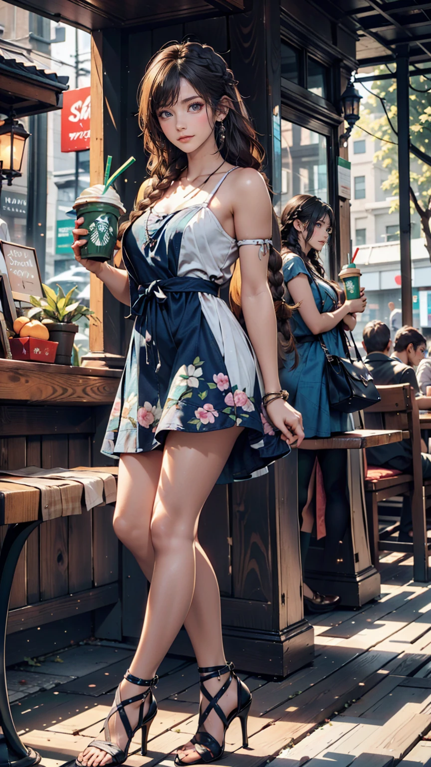24-year-old woman、Side braids((side braid))、Indigo Hair、Mini summer dress、High heels、Order a Caramel Frappuccino at Starbucks、Drink through a straw、smile