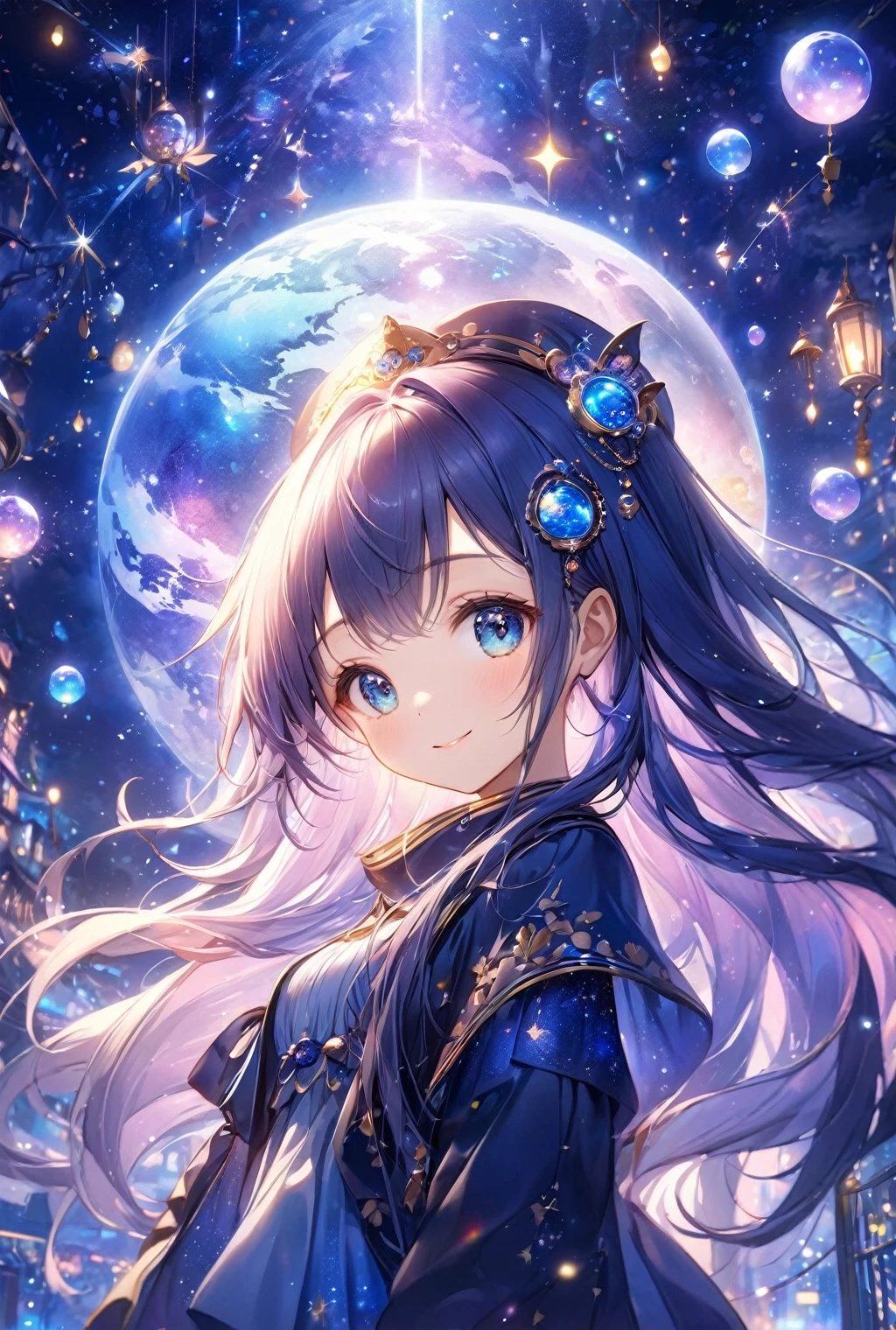 (Highest quality, 8k, 32K, masterpiece, Ultra-high resolution,:1.2),to be born, One Girl,So cute , A fantasy background resembling a nighttime electronic world, clear, Shining Eyes, Age 25 ,Fair skin, Navy Blue Girl, Fantasy Clothing, Long Hair, An innocent smile