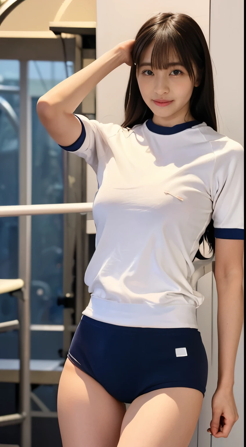 alone、high school girl、White skin、Natural Makeup、Black Hair、bangs、Straight Long Hair、(((White short-sleeved T-shirt on the upper body)))、(((Long white gym clothes)))、(((Very tight bloomerid rise bloomers)))、(((Navy Bloomers)))、(((Tuck the bottom of your gym clothes into your bloomers)))、Big Breasts、Big Ass、(((Schoolyard)))、(((Realistic fingers)))、(((Realistic style)))、((Perfect figure))、(((upright)))