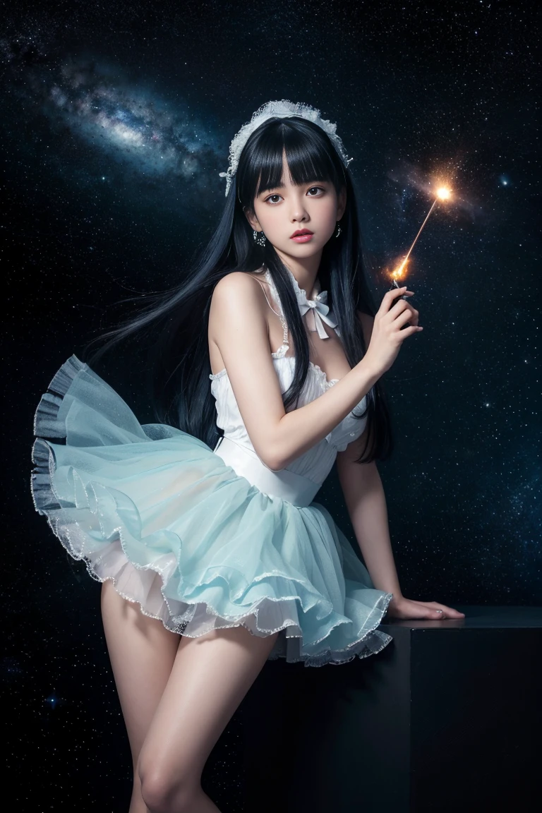 Mature Woman、Light blue hair、(Black Hair)、((Two-tone hair))、Black Lolita dress with delicate light blue decoration、Slender women、Cute Woman、 8K Ultra HD,Detailed face、Delicate texture, Long Hair、(((Blunt bangs)))、(((Drill Hair)))、Tutu skirt、Thigh-length tights、short boots、((Sweet Lolita))、mini skirt、A room in a Western-style building、((Delicate photo)),(Girl Astepeace RAW Photo Details:1.25), (highest quality:1.6), (超A high resolution:1.5), (Realistic:1.75), 8K resolution, Canon EOS R5, 50mm, Absurd, Super detailed,Cinema Lighting、((Whiskey glass and stuffed toy)), vibrant galaxy background featuring swirling clouds of iridescent blue and purple gas, illuminated by a multitude of twinkling stars that gradate in size and intensity, set against a deep, rich blackness with subtle, shimmering nebulae that evoke a sense of celestial wonder, with delicate, feathery tendrils of interstellar dust and mysterious, dark asteroid-like silhouettes scattered throughout, evoking a sense of infinite depth and mystery., 4K resolution,