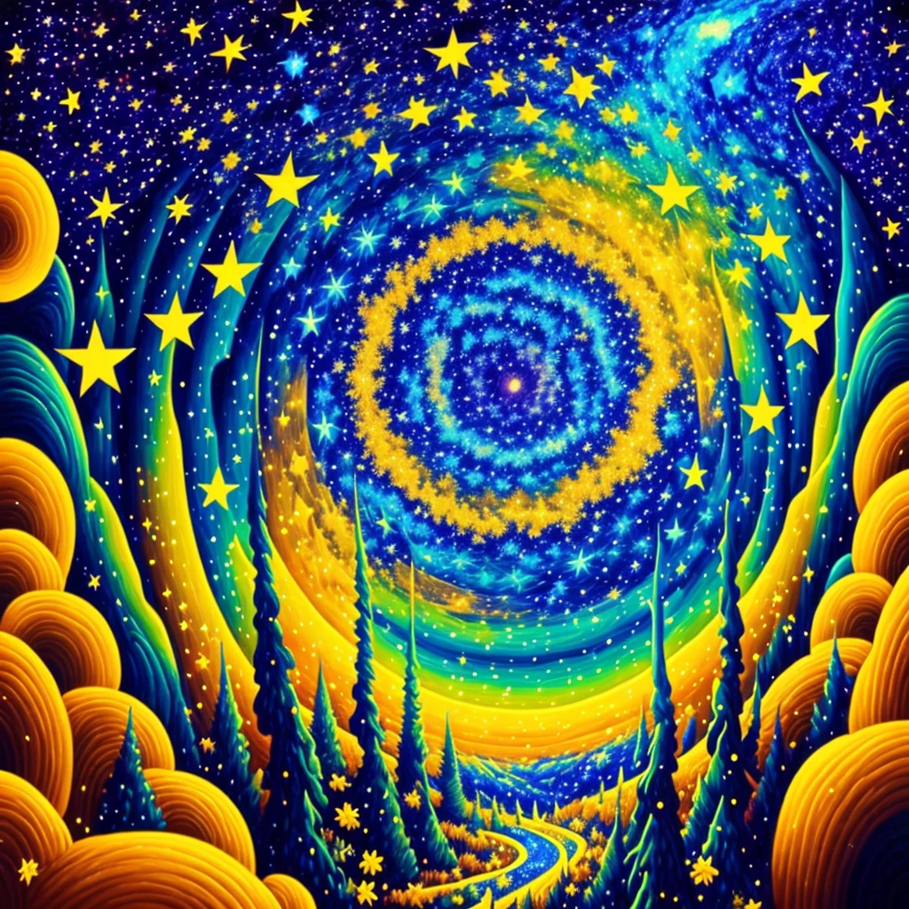 Sternennacht, shooting stars, dynamic colors, Van Gogh, psychedelic 