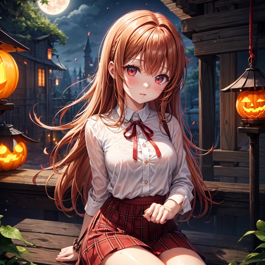 reddish brown blonde、Red eyes、One cute girl、solo、And soul、Light clothing、Checked mini skirt、petal、Wet hair、Sit on、black t-shirts、large tree、cloud、Red full moon、monster castle、Lantern in the shape of a pumpkin、Hell&#39;s Gate、armor、barefoot、Stones are piled up、Teeth are visible、Secret Treasure、Wooden chair、Moss grows、Fortress City、water is gushing out、Lightning strikes、Tilting face