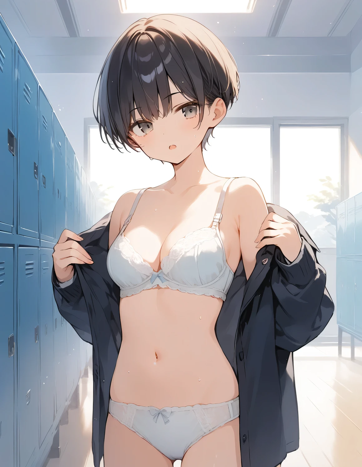 score_9, score_8_up, score_7_up, source_anime, best quality, masterpiece, official art, absurdres, highres, ultra-detailed,waifu2x,Collection: Serious Beauty,break,1girl, very short hair, pixie cut, breasts, beautiful detailed eyes, expressionless, school_uniform, underwear, bra, sweat, open mouth, (yawn:0.3), sleepily,dressing, indoors, school locker room, break,(clear line illustration:1.2), super detailed skin,very high resolution, very aesthetic, Best sexual lighting powered by famous artist, 8k, beauty illustration,photoshop_(medium),,(Detailed Lighting),best anime 8k konachan wallpaper, pixiv contest winner,