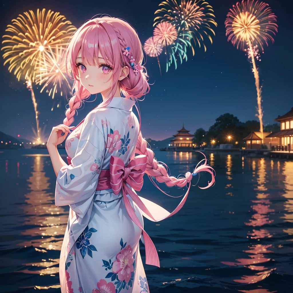 Sky Blue Medium Hair, (Braided hair),(Pink Eyes),Fair skin ,(whole body),(1 girl)、Floral Yukata、summer night、Fireworks on the lake、Big fireworks、Straight bangs,(masterpiece, Highest quality, Very detailed, Best Shadow), (Detailed Background), (Beautifully detailed face), High Contrast, (Best lighting, Very delicate and beautiful), ((Cinematic Light)), colorful, Hyper Detail 8k, Dramatic Light, Intricate details,Fireworks light reflected on the water