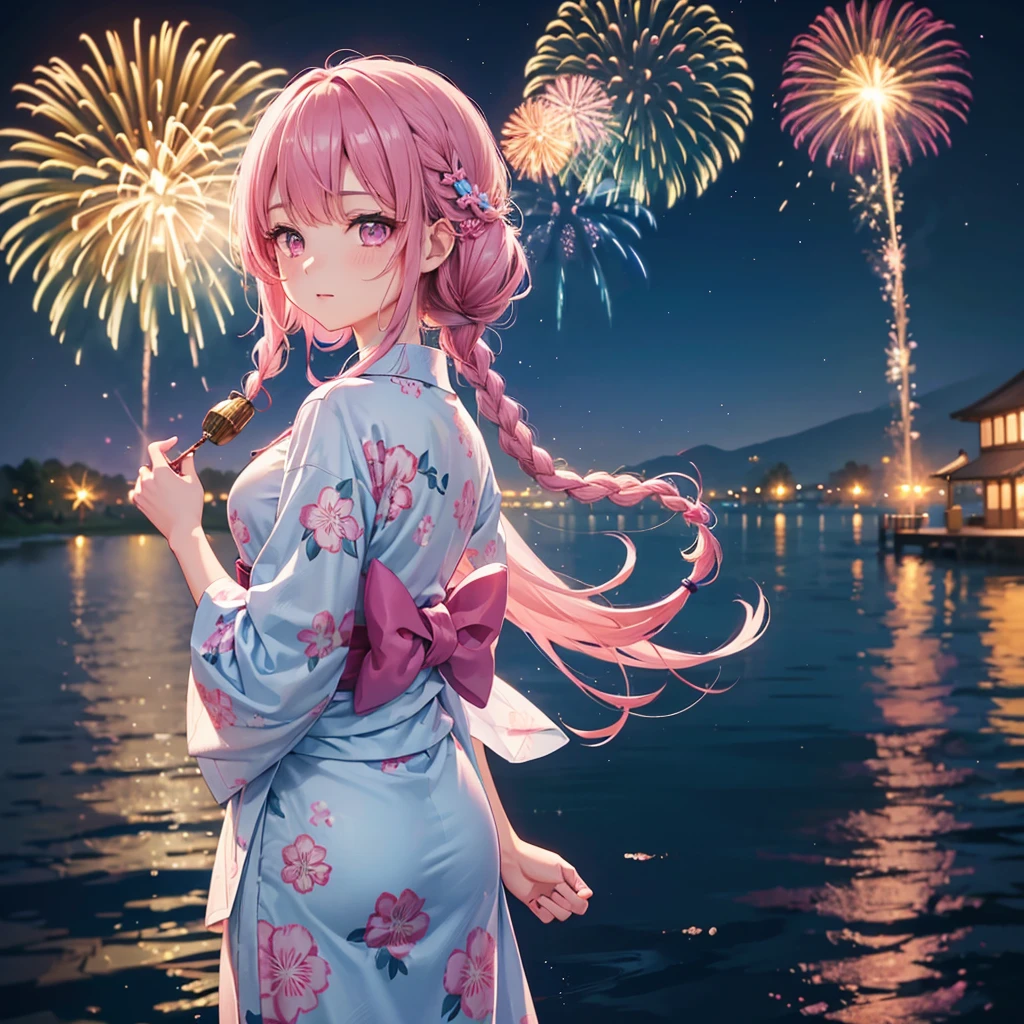 Sky Blue Medium Hair, (Braided hair),(Pink Eyes),Fair skin ,(whole body),(1 girl)、Floral Yukata、summer night、Fireworks on the lake、Big fireworks、Straight bangs,(masterpiece, Highest quality, Very detailed, Best Shadow), (Detailed Background), (Beautifully detailed face), High Contrast, (Best lighting, Very delicate and beautiful), ((Cinematic Light)), colorful, Hyper Detail 8k, Dramatic Light, Intricate details,Fireworks light reflected on the water