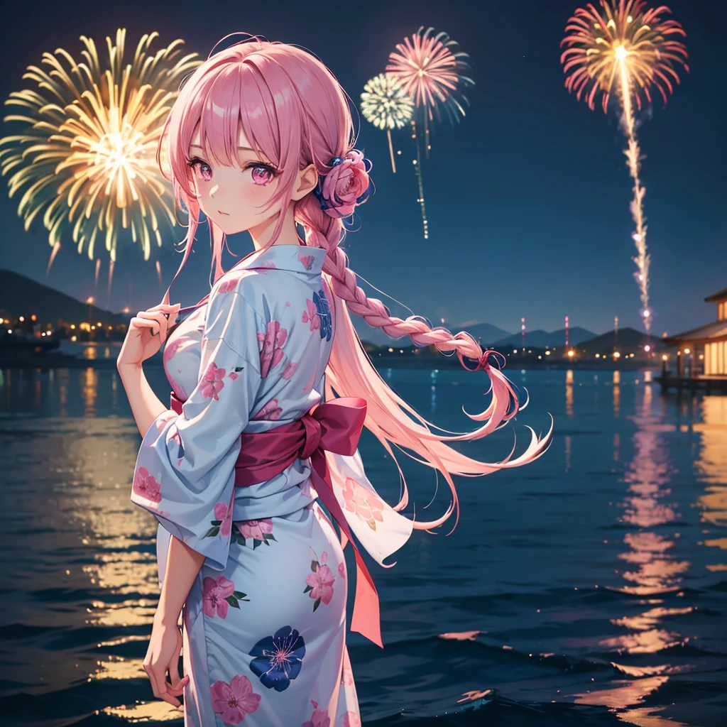 Sky Blue Medium Hair, (Braided hair),(Pink Eyes),Fair skin ,(whole body),(1 girl)、Floral Yukata、summer night、Fireworks on the lake、Big fireworks、Straight bangs,(masterpiece, Highest quality, Very detailed, Best Shadow), (Detailed Background), (Beautifully detailed face), High Contrast, (Best lighting, Very delicate and beautiful), ((Cinematic Light)), colorful, Hyper Detail 8k, Dramatic Light, Intricate details,Fireworks light reflected on the water