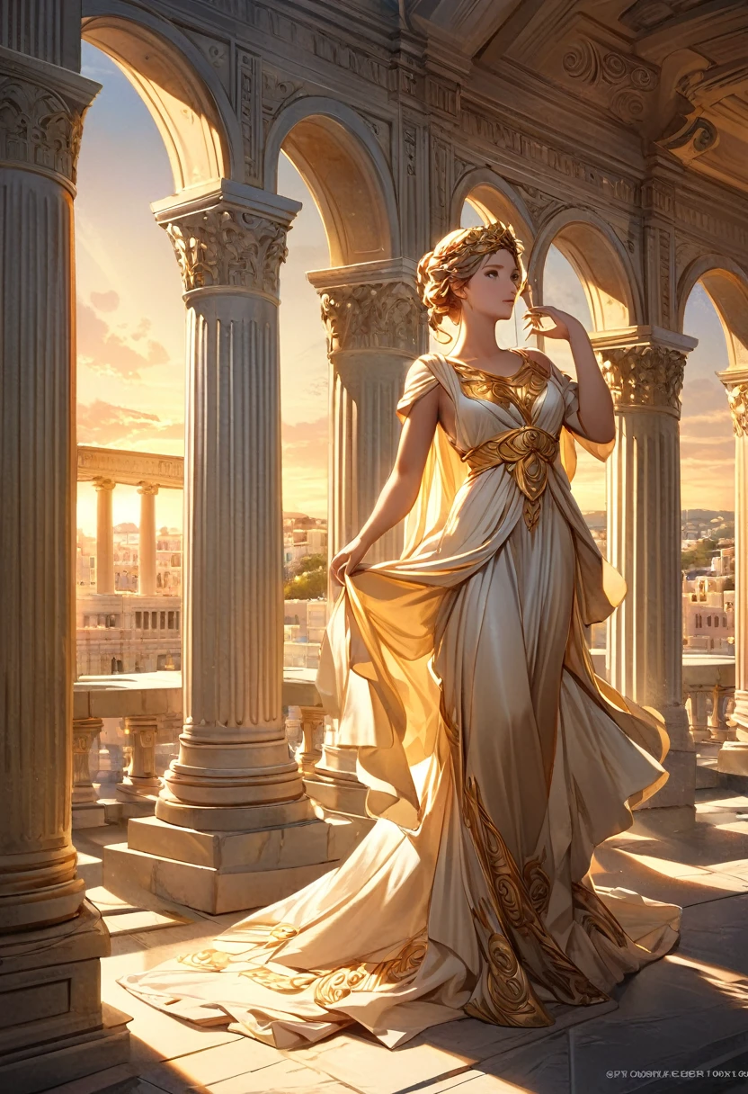 Greek mythology statue elegant ornate greek goddess，Statue of classical beauty in elegant pose wearing flowing skirt. Artist professional master work with majestic ancient Greek city architecture in the background,Sacred finely carved textured colonnade,Ultra-fine coating ,Serene atmosphere warm golden tones golden light delicate light and shadow greek sunset epic landscape, Honor appearance， An extremely detailed description of the complex details of film composition, light and shadow effects, High resolution illustration best quality very majestic beautiful city  