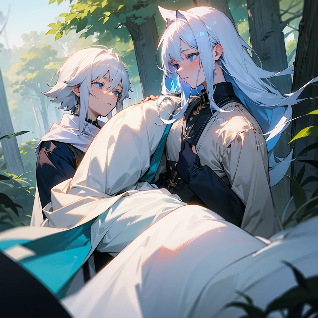 White hair-blue eyes boy, carrying a sleeping 16 year old woman with ears in his arms, white beast in the middle of the forest, evening 
