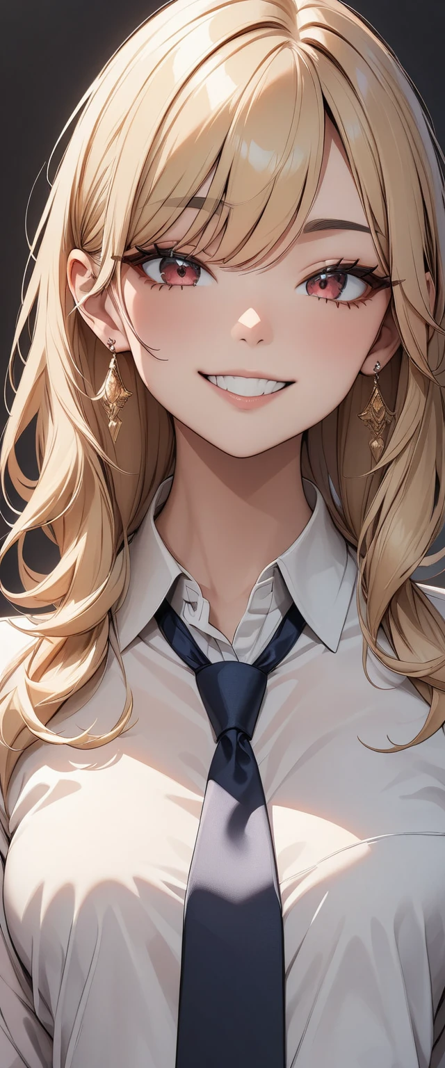 (masterpiece, Highest quality, でvery aesthetic, Super detailed), Intricate details,
One girl, Blonde, Red eyes, Collared shirt, White shirt, Earrings, Blue tie, Grin, looking at viewer, Upper Body,