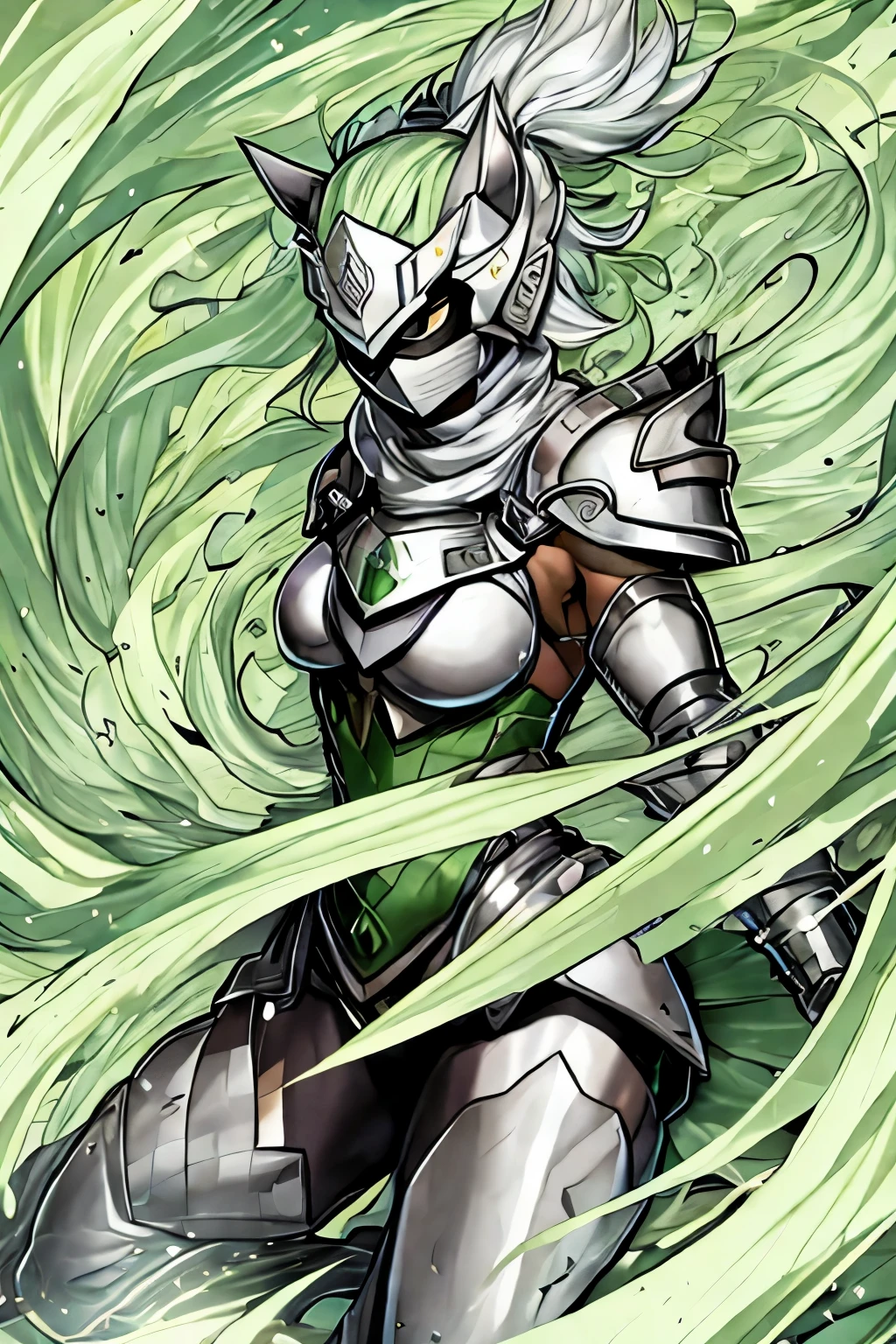 Silver female masked warrior overflowing green wind power 