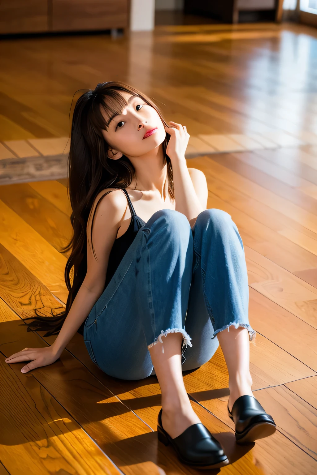 A woman with long hair sitting sideways with her legs stretched out on the floor、Her ankle-length hair is spread across the floor