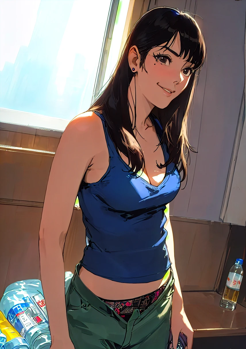 masterpiece,(blowjob,sucking penis pov),sitting in front of man,penis on mouth,from above,(heart-shaped pupils),humid,high resolution,ultra detailed,realistic,seductive anime woman,black hair,straight hair,(tareme:1.3),thick lips,sweaty,mature woman,(aroused and happy:1.5),drooling,excessive cum,sweaty,tank top,earring,