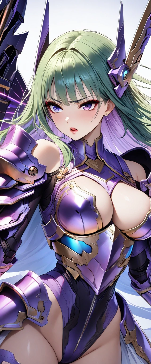 (Perfect Anatomy)、Mastepiece、Ultra High Quality、 8k、masterpiece、Highest quality、Ultra-high resolution、Maximum resolution、Very detailed、Professional Lighting、anime、woman、thin、Very beautiful face、Beautiful eyes、(Highly detailed eye)、Highly detailed face、Frustrated face、Grit your teeth、White and purple enamel high leg leotard、Purple pattern、((Cyber Armor))、Shiny Armor、White decoration、Cyber Headgear、Shoulders show skin、Golden earrings、Green Hair、long hair、Purple Eyeedium breast、Pink Lips、White cloak、With a shiny shield、Has mechanical wings on his back、Dynamic Pose, Summoning a magic sword, energy sword, mechanical wings, , contouring, makeup, eyeliner, eye shadow, pink cheek, pink lips,