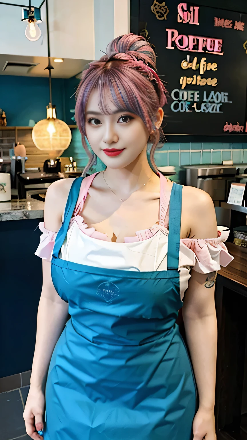 Cool beauty,Looks sweet,(updo, blue and pink hair), only wearing dark green starbucks apron, off-shoulders, show cleavage, (show big thigh, plump body), huge breast, full body photo, standing pose. nd. In coffee shop. Tatooed