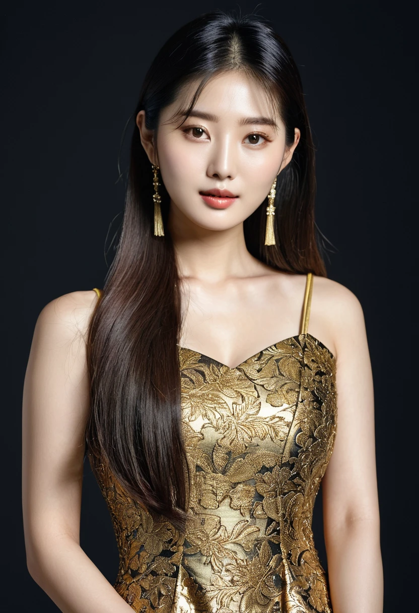 real photos,masterpiece,Asian woman Arav wearing gold pigmented dress standing on black studio background., beautiful south korean woman, beautiful young korean woman, gorgeous young korean woman, นางแบบแฟชั่นkorean woman, korean actress, korean woman, young asian woman, Korean artist, Asian girl with long hair, korean girl, chinese woman, asian woman, Gorgeous Chinese model, Bae Suzy