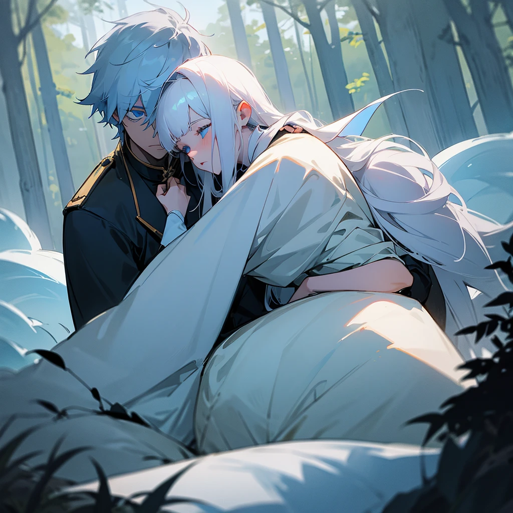 White hair-blue eyes boy, carrying a sleeping 16 year old woman with ears in his arms, white beast in the middle of the forest, evening 