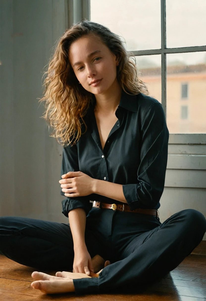 A captivating photograph of a young woman exuding casual elegance while seated on the floor by a window in a softly lit room. Her wavy hair gently frames her face, as she leisurely enjoys a cigarette placed between her lips. Her left arm embraces her bent knees, and her right hand cradles the cigarette. Clad in a shiny black button-up shirt and black pants, she adds a touch of style to her relaxed attire. The intimate, cozy atmosphere is enhanced by a grainy texture and billowing smoke that fills the room, inviting viewers to share in this private, intimate moment., photo
