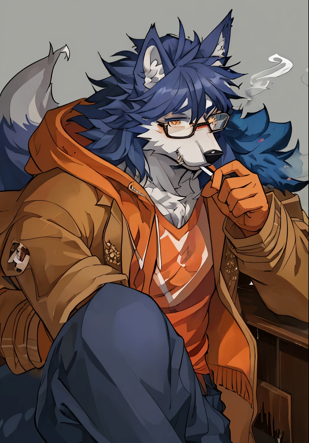 Watercolor style,Wolf,furry,Handsome,Fierce eyes,wearing glasses,Be on the loose,Toothpick in mouth,Remove cigarettes