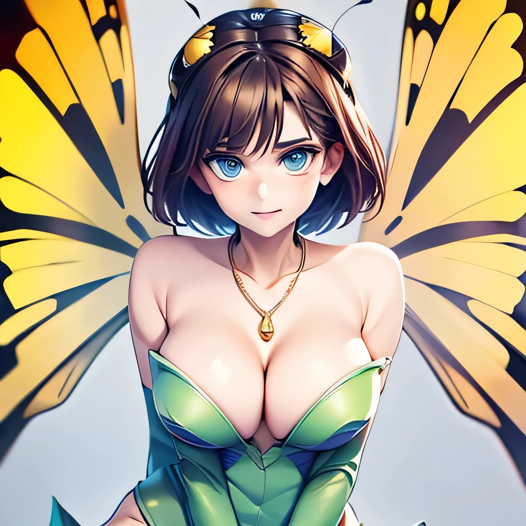 ((masterpiece,best quality,ultra-delicate,Perfect Face,16k,high resolution,very beautiful lady)),yellow butterfly wings on the head,brown medium short hair,black oval hair ornaments:1.2,green leotard,green long boots ,green long arm gloves, large breasts,gold necklace,cowboy shot,