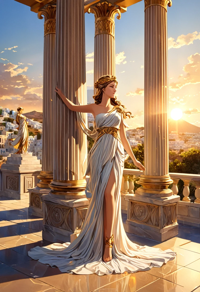 Greek mythology statue elegant ornate greek goddess，Statue of classical beauty in elegant pose wearing flowing skirt. Artist professional master work with majestic ancient Greek city architecture in the background,Sacred finely carved textured colonnade,Ultra-fine coating ,Serene atmosphere warm golden tones golden light delicate light and shadow greek sunset epic landscape, Honor appearance， An extremely detailed description of the complex details of film composition, light and shadow effects, High resolution illustration best quality very majestic beautiful city  