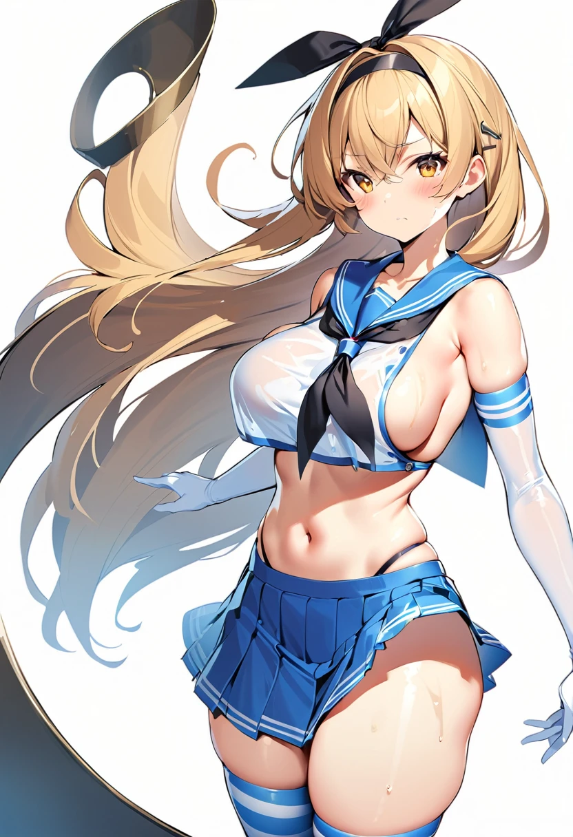 rensouhou-chan, shimakaze (kancolle), 1girl, solo, long hair, breasts, looking at viewer, blush, skirt, blonde hair, large breasts, simple background, hair ornament, thighhighs, gloves, white background, navel, hair between eyes, closed mouth, underwear, , collarbone, yellow eyes, pleated skirt, hairband, serafuku, sleeveless, elbow gloves, striped, white gloves, miniskirt, sailor collar, blue skirt, crop top, wet, neckerchief, sideboob, skindentation, highleg, black hairband, blue sailor collar, striped thighhighs, alternate breast size, microskirt, black neckerchief, anchor hair ornament
