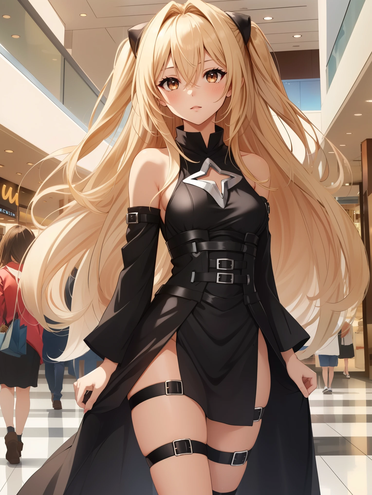 (masterpiece, best quality), intricate details,
1girl, golden_darkness, long hair, very long hair, two side up, hair ornament, medium breasts, hair intakes, hair between eyes, golden_darkness, long hair, very long hair, two side up, looking at viewer, thigh strap, hair ornament, detached sleeves, hair intakes, bare shoulders, medium breasts, hair between eyes, dress,
small breasts, indoors, mall, shoping mall,