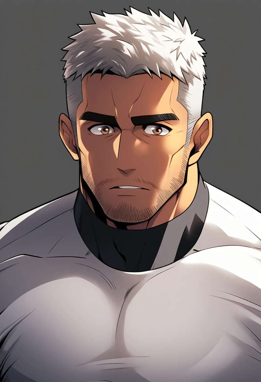 anime characters:Black man Chris Redfield, Fitness coach, Dark black skin tone, His skin is pitch black., 1 muscular tough guy, Manliness, male focus, Creamy white high collar long sleeve tight T-shirt, Very tight, The pectoral muscles are oversized, Slightly transparent, muscular male, muscular, only, Upper body, alone, White short hair, Thick eyebrows, stubble, Brown eyes, Grey background, simple background, amazing quality, best aesthetics, Ridiculous, bright pupils, crew cut, parted lips, embarrassed, endured face, shy, best quality