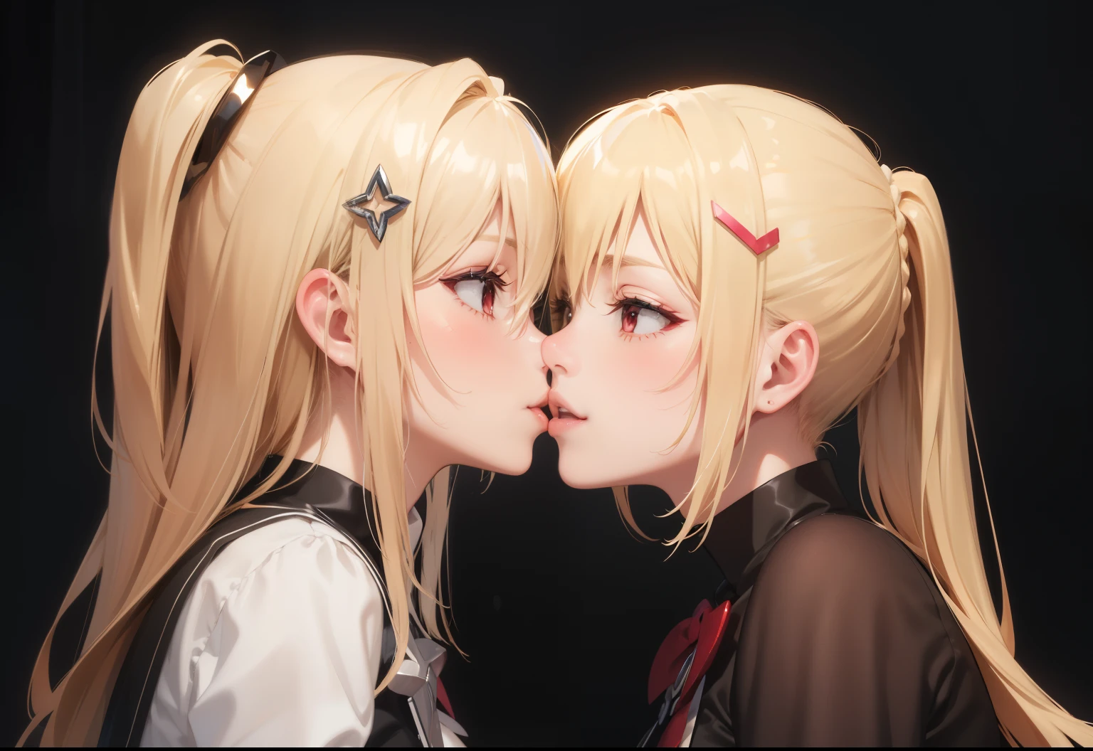 1girl,   golden_darkness, long hair, very long hair, two side up, hair ornament, medium breasts, hair intakes, hair between eyes, golden_darkness, long hair, very long hair, two side up,  a woman kissing, kissing together cutely, realistic!!, at pixiv, happy!!!, top rated on pixiv, [ 4 k digital art ]!!, けもの, kissing together, pixiv, zerochan, popular on pixiv, exciting illustration, pixiv 3dcg, rule 34, 